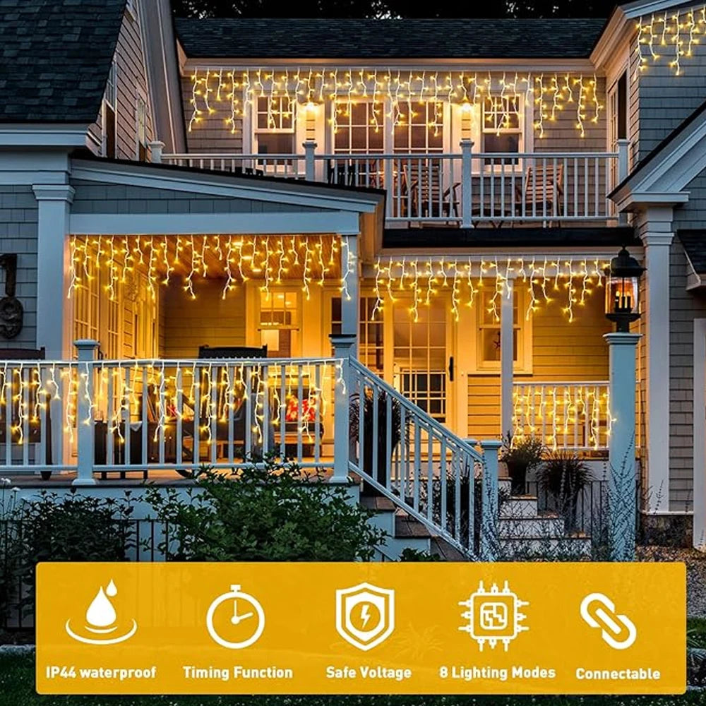 6.5200LED/20M480LED Icicle String Lights Christmas 40Drops 8 Modes, Plug in Curtain Waterproof for Holiday Wedding Party Garden
