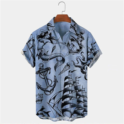 Vintage Men's Mermaid Print Shirts Boat Anchor Print Button Shirts Summer Ocean Element Shirts Men's Hawaiian Leisure Shirts