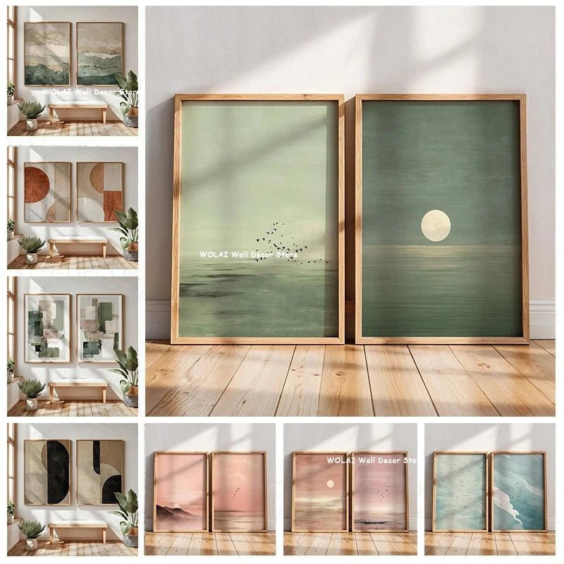 2pcs/set Japanese Retro Wabisabi Mountain Abstract Canvas Printing Abstract Green Sunset Flying Crane Wall Art Poster Home Decor