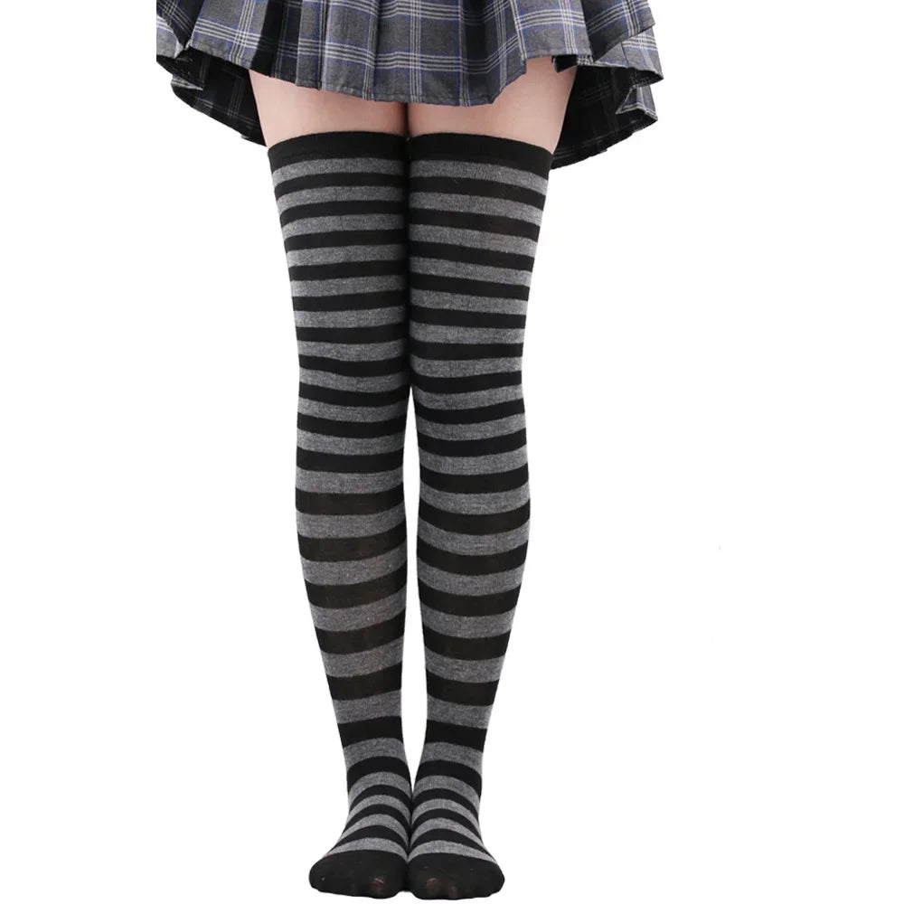 Thigh High Stockings Womens Striped Ladies Girls Black White Pink Long Over Above Knee Socks Femboy Cosplay Lolita Harajuku Y2k