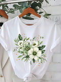 White‑Flower Green‑Leaf Floral Graphic Print Unisex Crew Neck Short‑Sleeve Pure‑Cotton Spring‑Summer Mother's‑Day Casual Everyday Wear Tee