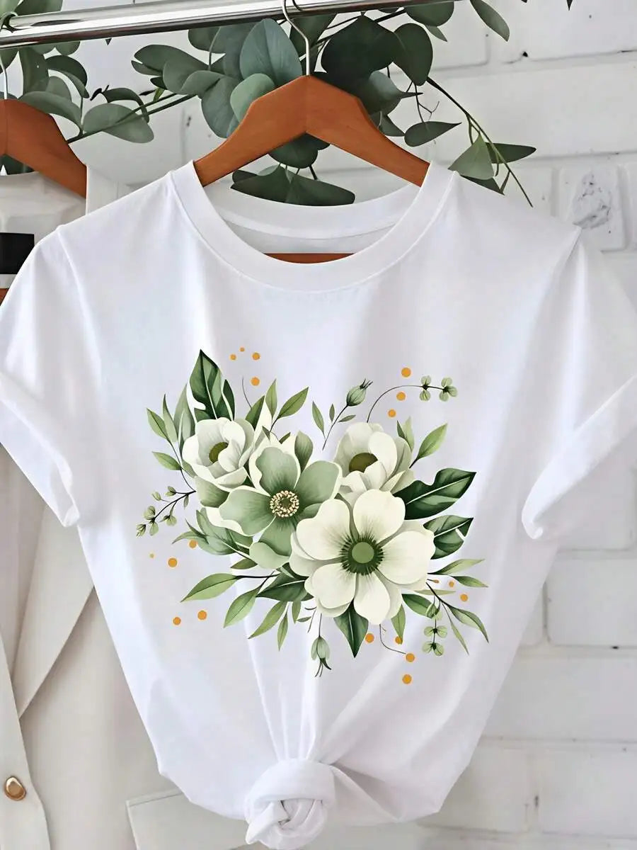 White‑Flower Green‑Leaf Floral Graphic Print Unisex Crew Neck Short‑Sleeve Pure‑Cotton Spring‑Summer Mother's‑Day Casual Everyday Wear Tee
