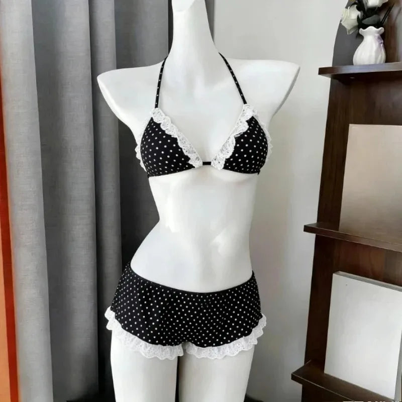 Women Y2k Sweet Bikini Set Japanese Kawaii Print Ruffles Lolita Swimsuit Crop Top + Skirt Two Piece Swimwear Beach Wear