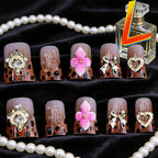10PCS Diamond French Pointed Nail Short Square Nail Nude Fake Nail With Gold Glitter Diamond Nail Leopard Print Fake Nail
