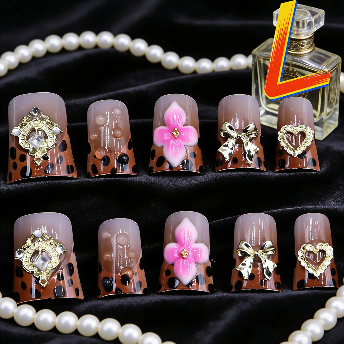 10PCS Diamond French Pointed Nail Short Square Nail Nude Fake Nail With Gold Glitter Diamond Nail Leopard Print Fake Nail