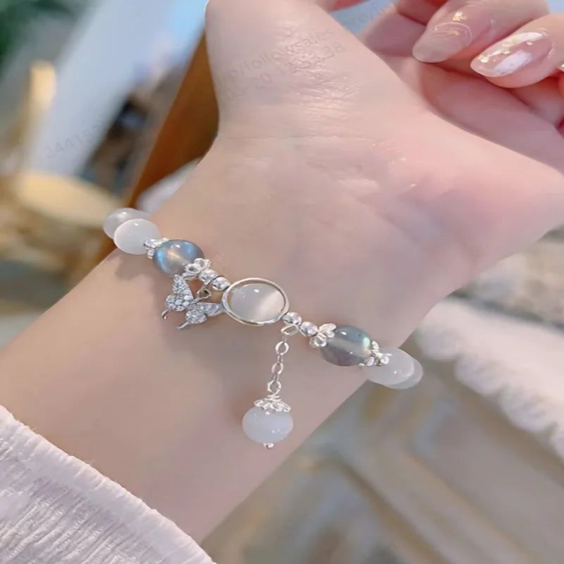Dainty Blue Cats Eye Beaded Bracelet, Cute Butterfly Charm Elastic Hand Chain, Moonlight Opalite Stone Jewelry, Graduation Birthday Gift for Best Friend Teen