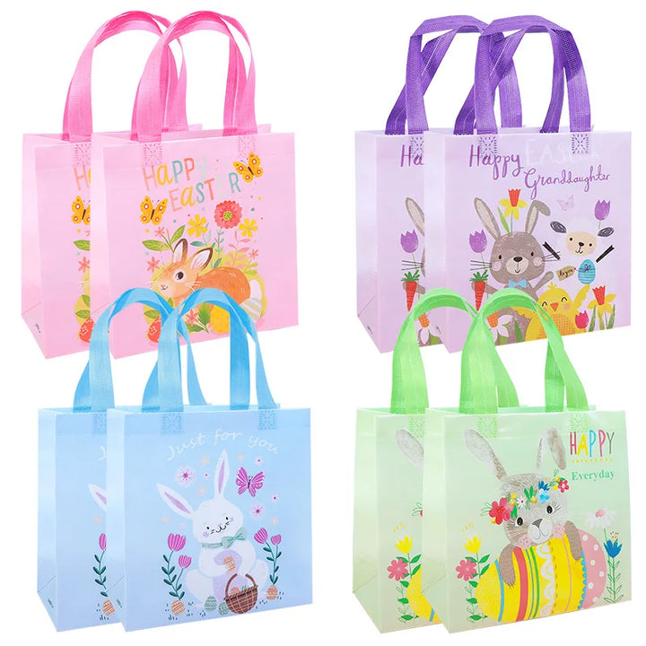 Vibrant treat bags with cute rabbit faces and candy
