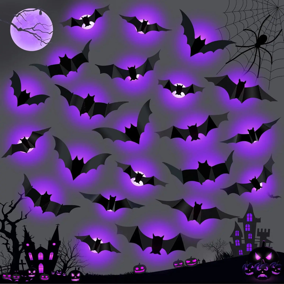 Halloween Bat & Spider Night Light Wall Decor – 3D Glow Stickers