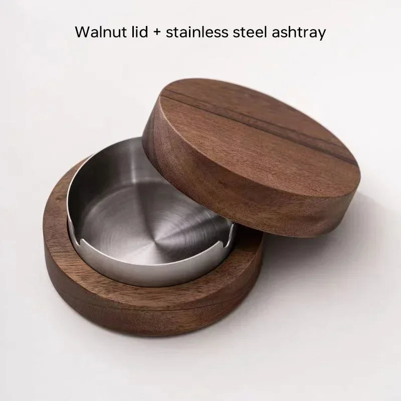 New Creative Ashtrays With Lid Walnut Wood Desktop Ashtray Stainless Steel Windproof Ash Tray for Smoking Office Home Decoration