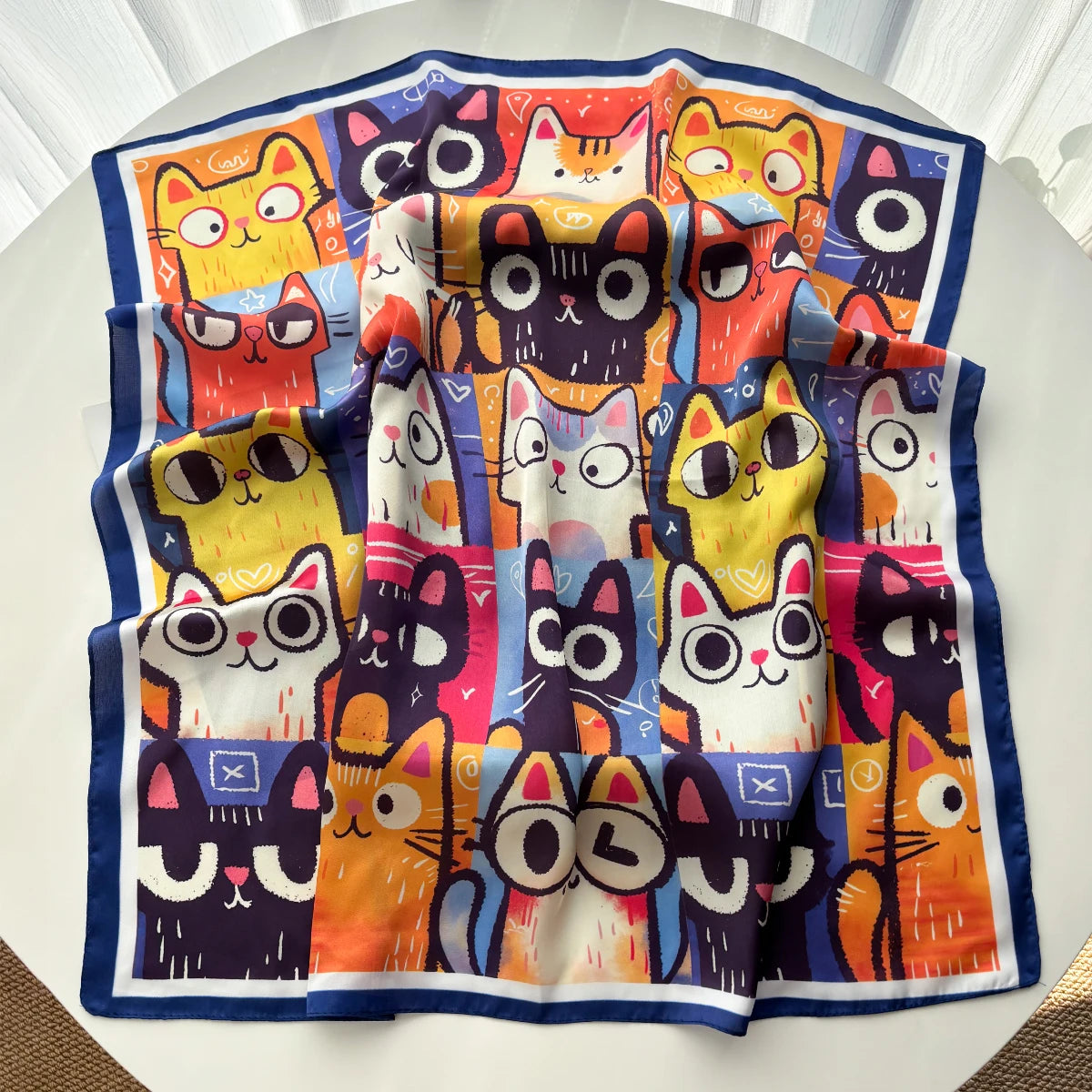 Imitation Silk  Square Scarf Women Animal Cat Printed Fashion Accessories Hairband Foualrd Bandana Neckercheif