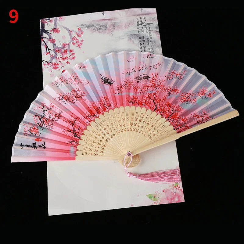 Vintage Silk Folding Fan Bamboo Tassel Decorative Hand Fan