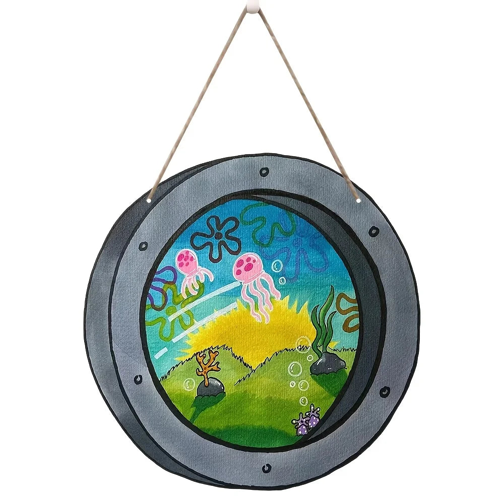 Charming Jellyfish Ocean Theme Wooden Signage -8 Inch Round Country Style Farmhouse Decoration for Kitchen and Cafe Wall