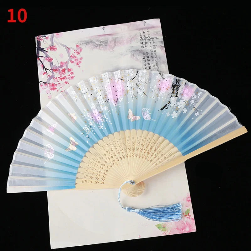 Vintage Silk Folding Fan Bamboo Tassel Decorative Hand Fan