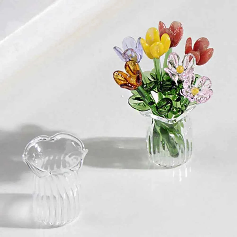 Glass Flower Decor Handcrafted Floral Sculpture Hand-blown Glass Flower Bouquet with Vase Mini Floral Decoration for Home Room