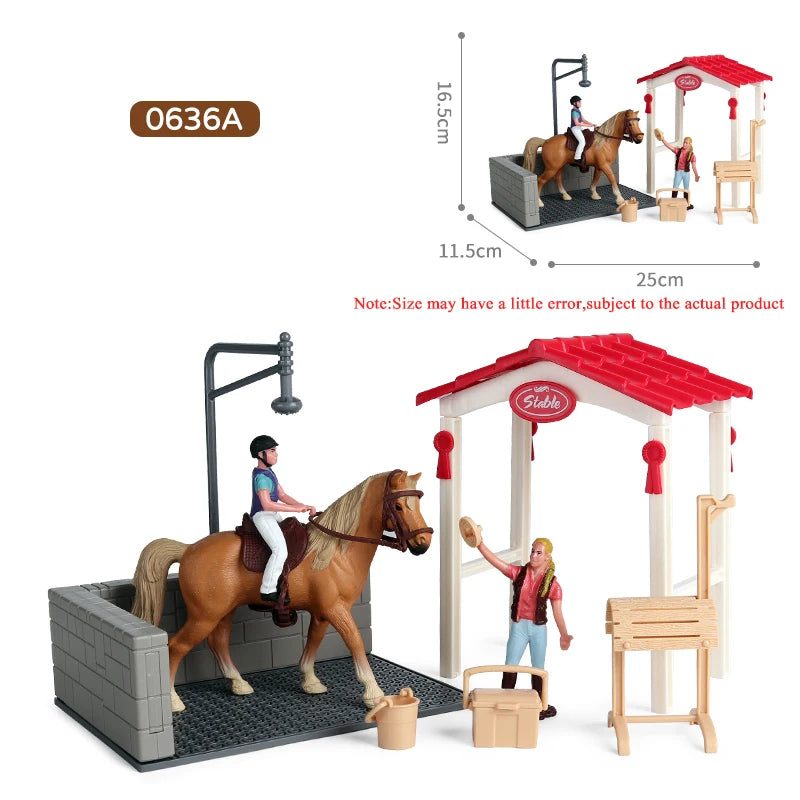 Oenux Farm Stable House Model Action Figures Emulational Horseman Horse Animals Playset Figurine Cute Educational Kids Toy Gift