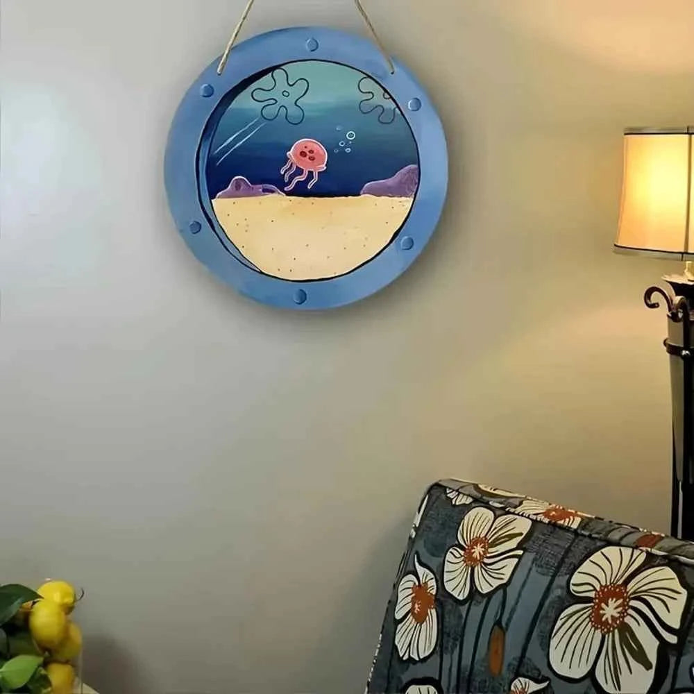 Charming Jellyfish Ocean Theme Wooden Signage -8 Inch Round Country Style Farmhouse Decoration for Kitchen and Cafe Wall