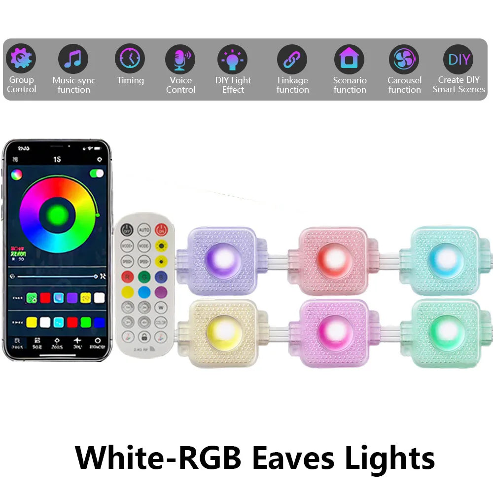 New Black RGB Eaves LED Lights Permanent Outdoor Lights String APP Bluetooth Light Strip Scene Modes House Party Wedding Light
