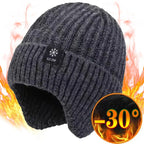 Outdoor Men’s Winter Knitted Bomber Hat – Plush Lined Peaked Cap with Earmuffs | Warm Faux Fur Cycling Hat for Cold Weather Protection