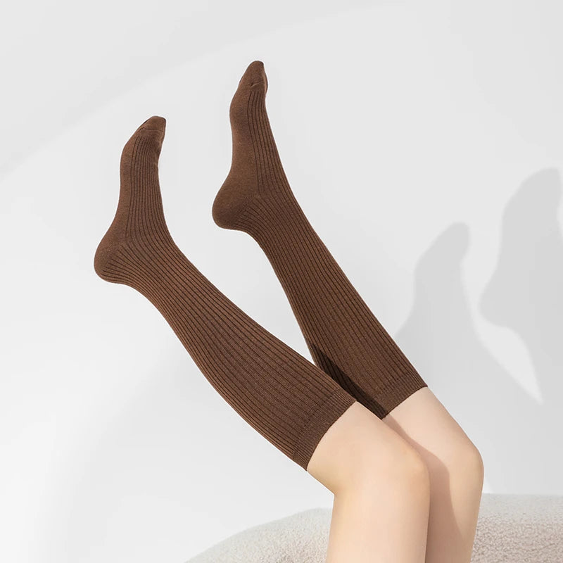 100% Merino Wool Ladies Stockings Fashion Solid Color Knitted Pile Socks Fashion Padded Warm Leggings Women's New 2025