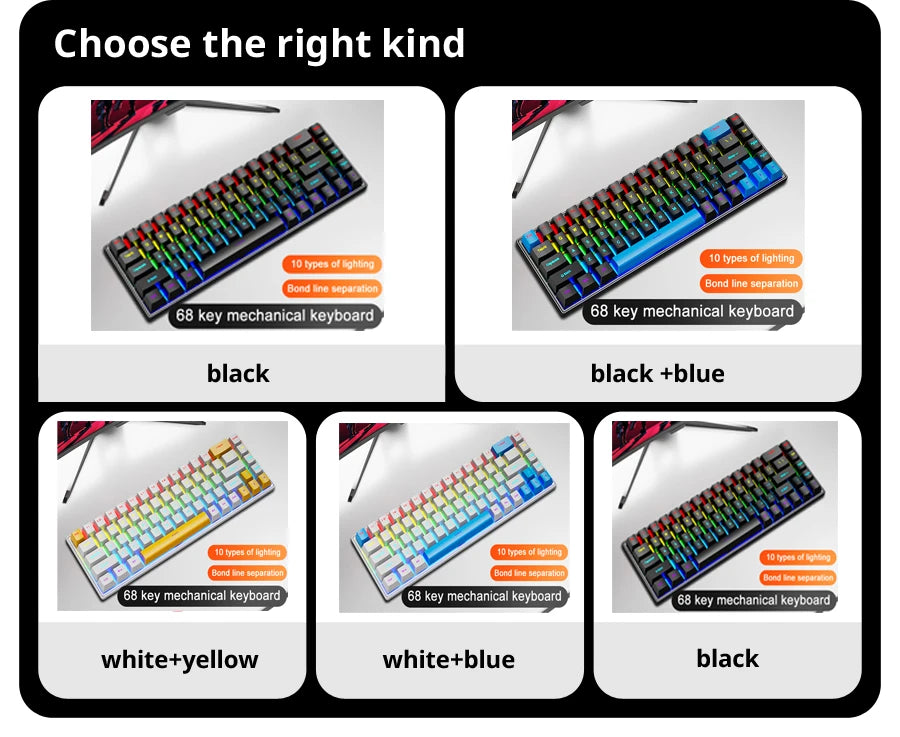 K68 Wired Mechanical Keyboard 10Kinds of Colorful Lighting Gaming and Office For Microsoft Windows and Apple IOS System