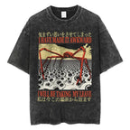 Creepy Cute Animal Graphic T-Shirts Vintage Washed Black Tees Funny Horror & Relatable Quotes Perfect for Anime Fans Streetwear