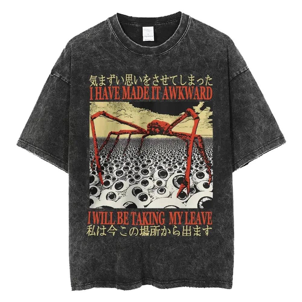 Creepy Cute Animal Graphic T-Shirts Vintage Washed Black Tees Funny Horror & Relatable Quotes Perfect for Anime Fans Streetwear