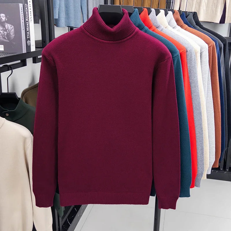 Autumn Mens High Quality Knitted Turtleneck Sweater Slim Fit Long Sleeve Anti-pilling Pullover Solid Color Trend Men Streetwea