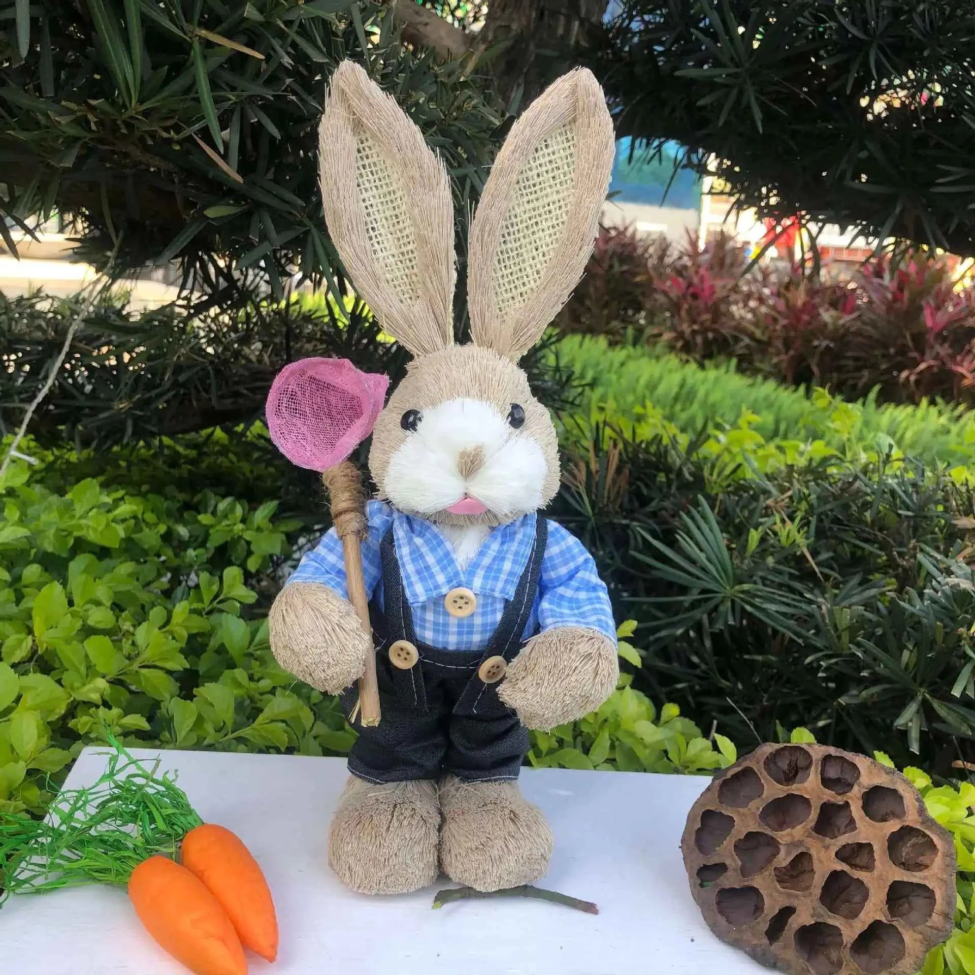 Easter Rabbit Decoration Bunny Figure Cattail Craft Ornament Home Holiday Cute Bunny Home Decoration Easter Rabbit Decoration