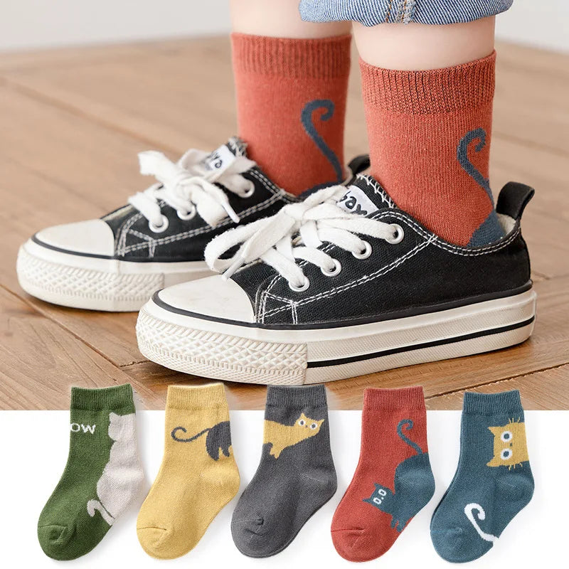 5 Pairs Kids Socks Cartoon Cat Pattern Comfortable Breathable Children Socks For Boys And Girls
