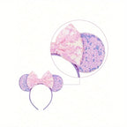 1pc Disney Cute Cartoon Minnie Headband Sequins Ears Bow Hair Hoops Purple Pink Women's Headband for Holiday Party Perfect Gifts