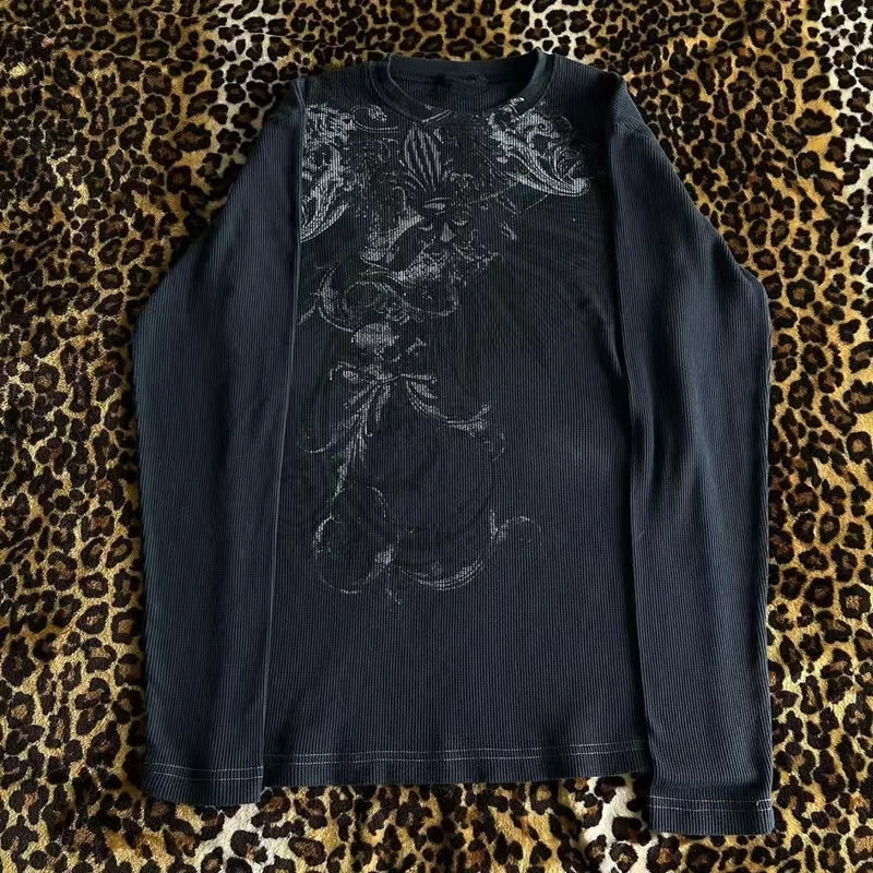 Y2K Hottie Grunge Cyber Mall Goth Thermal T-shirt Skulls Graphic Printed Long Sleeve Pullovers Tops Women Vintage Aesthetic Tees