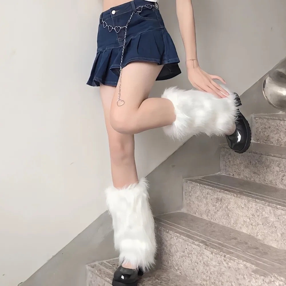 Foot Cover Faux Fur Furry Leg Warmers 40cm Japanese Style Lolita Boots Cover Kawaii Y2K Warm Knee Sleeve Autumn/Winter
