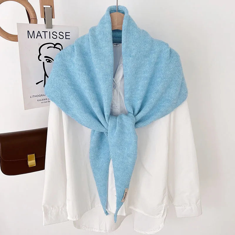 Big Size Wool Korean Style Knitted Triangular Scarf Women Winter Warm Headscarf Shawl Sold Color Neckerchief Kerchief Hijab
