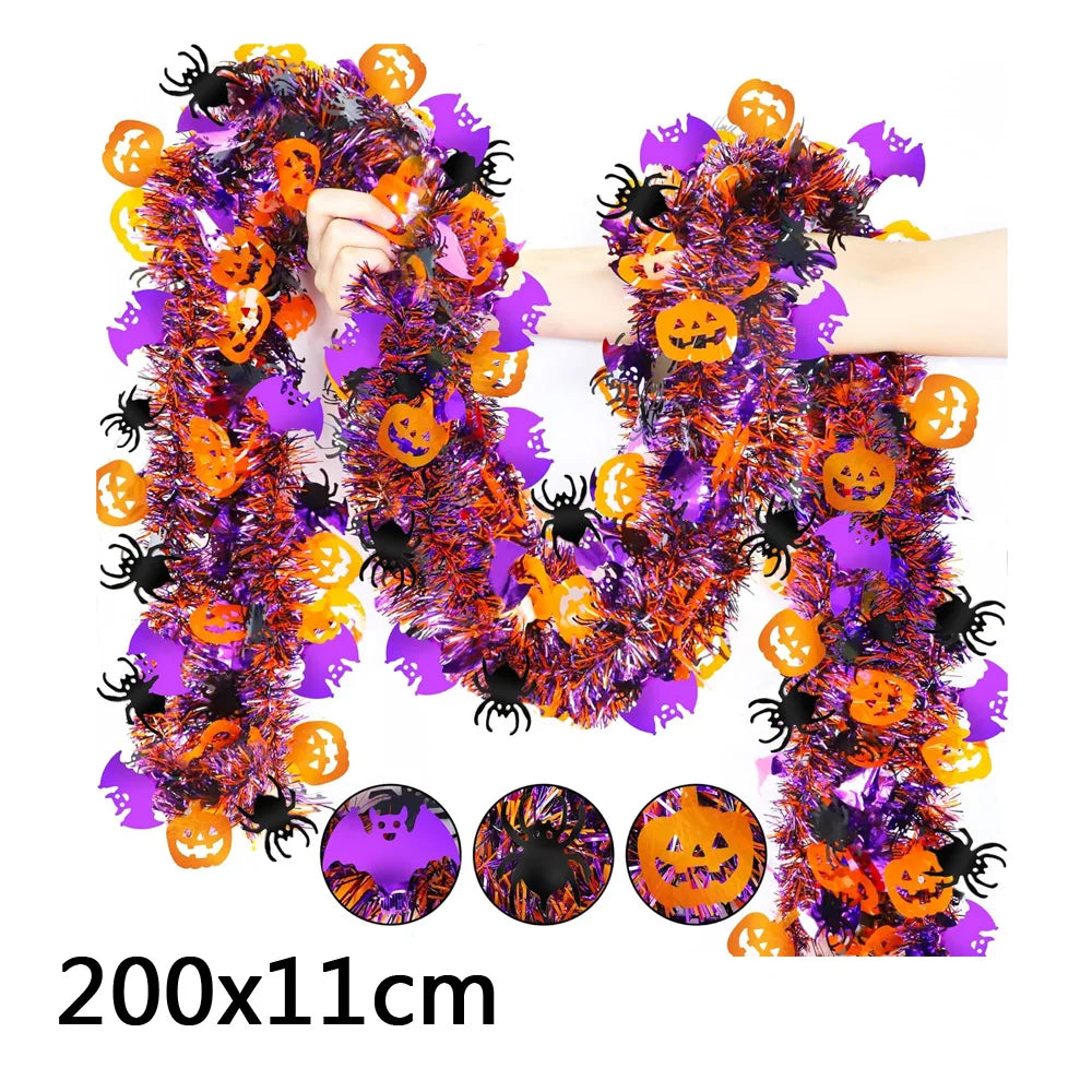 2m Halloween Tinsel Garland with Pumpkin Spider Bat Shiny Metallic Twist Garland for Home Tree Indoor Outdoor Party Decorations
