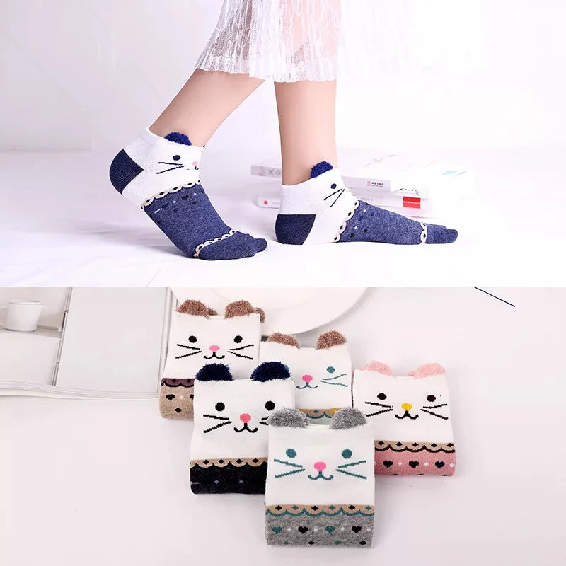 5 Pairs Lot Pack Women Socks Spring Summer Animal Unicorn Cat Fox Ear Cartoon Happy Funny Cute Lovely Cotton Ankle Socks Heart