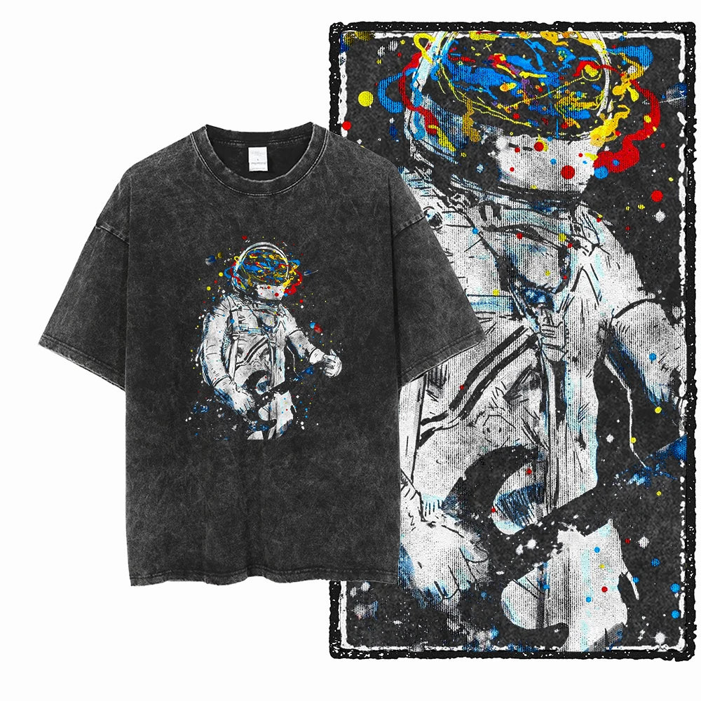 SA ASTRONAUT SPACE THEMES Printed Cotton Acid Washed Graphic Unisex T Shirt Cool Streetwear Men Tshirts Big Size Tee for men