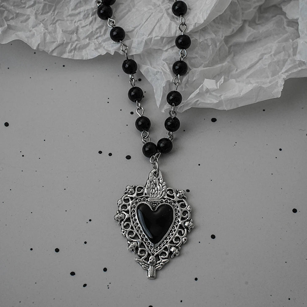 Gothic Bat Cross Dark Pendant Necklace Set, Y2K Personalized Thorn Love Black Bead Stacked Necklace Set, Suitable as Halloween G