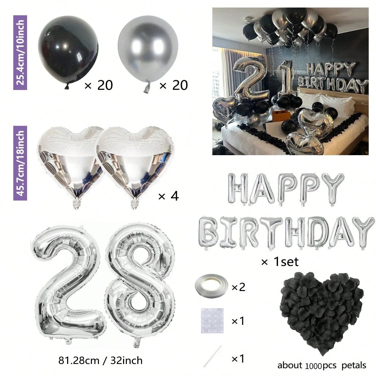 1050/21/200pcs Black & Silver Party Balloons Decorations, Silver Happy Birthday Banner, Chrome Silver Latex Balloons