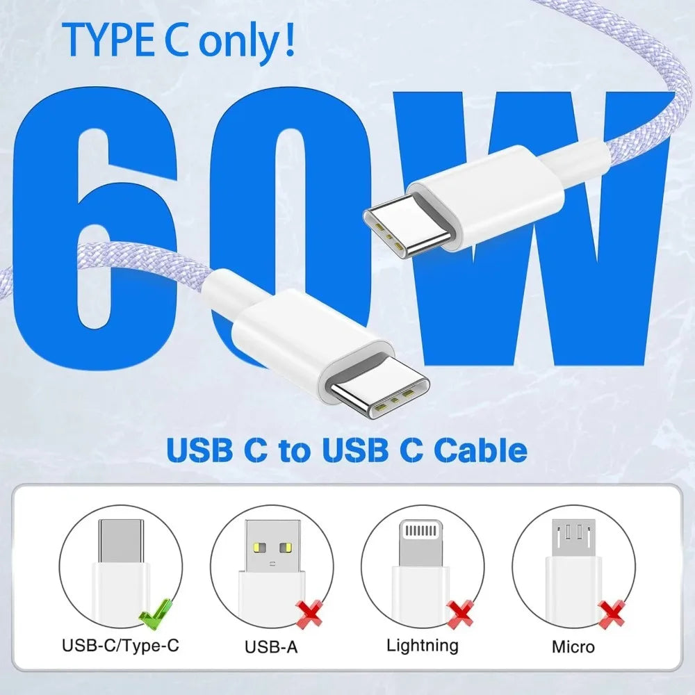 Type C to C Colored Nylon Braided Cable PD 60W for IPhone17/16/15, iPad Pro, Macbook, Samsung S24/23, Durable & Fast Charging.