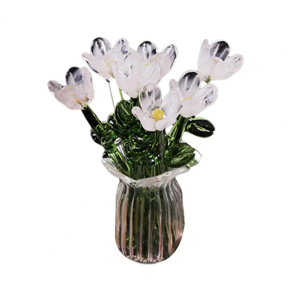 Glass Flower Decor Handcrafted Floral Sculpture Hand-blown Glass Flower Bouquet with Vase Mini Floral Decoration for Home Room