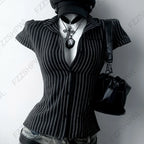 Gothic Y2K Women's Long-Sleeve T-Shirt Sexy Slim Fit Chic Slash Neck Zipper Design Crop Top Rock Punk Hip Hop Women's Streetwear