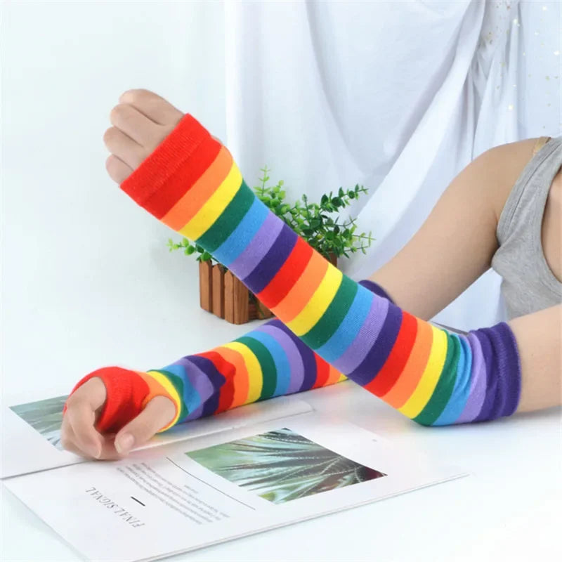 Warmer Knitted Long Fingerless Gloves Elbow Mittens Christmas Acces Gift Fashion Women Emo Gloves Lady Striped Elbow Gloves