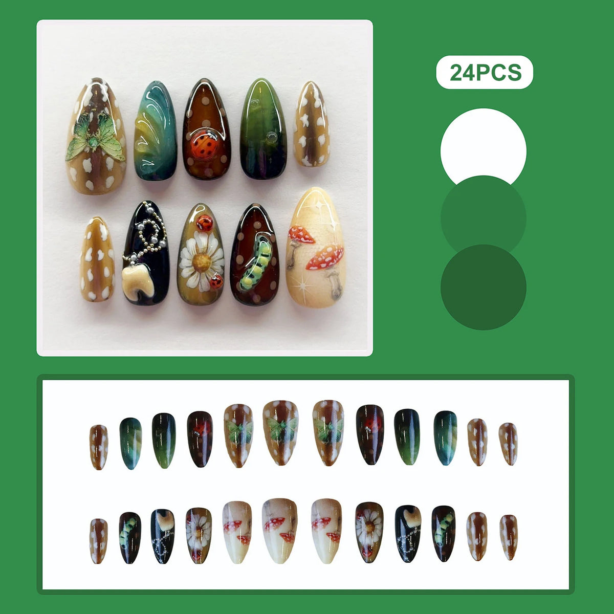 24pcs Gradient Black False Nails Cute Cartoon Cat's Eye Forest Elf Girl Press On Nails Glossy Almond Sweet Cool Fake Nail Tips