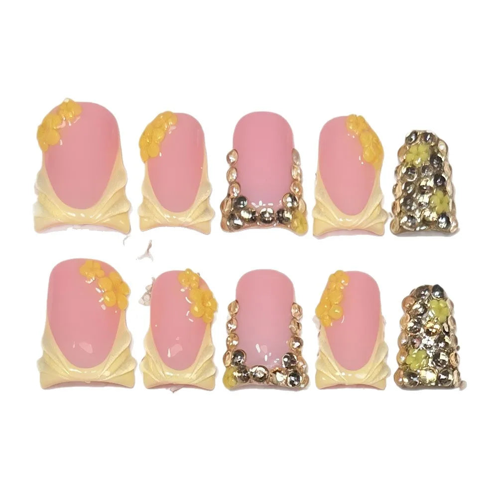 10pcs high-end Sweet Dopamine Series, hand-painted three-dimensional yellow flowers, dazzling golden full diamonds handmade fake