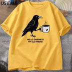 Vintage Crow Coffee T Shirt Halloween T-Shirt Fall Tee Women Men Cotton Tops Creative Crew Neck Tees Short Sleeve Loose TShirt