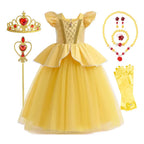 Beauty and the Beast Inspired Party Mesh Dress for Girl Elegant Fancy Princess Costume Belle Deluxe Ball Gown Kid Christmas Robe