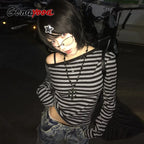 Genayooa Japanese Y2k T-shirt Women Long Sleeve Off Shoulder Striped Crop Tops Y2k Grunge 2000s Aesthetic Streetwear T Shirts