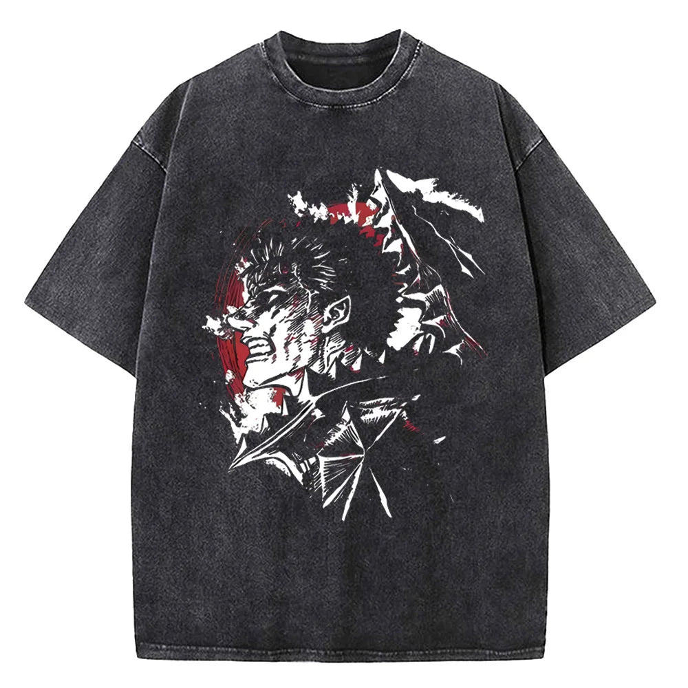 Berserk Print T Shirt Men Vintage Washed T-Shirt Anime Guts Graphic Tshirt Hip hop Streetwear Tees Casual Berserk Clothes