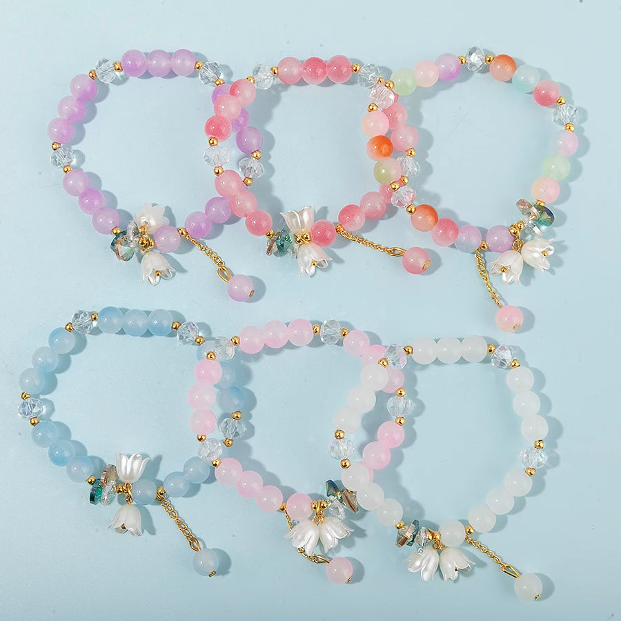 6pcs/set Flower Butterfly Charms Bracelet Elastic Bracelet Colorful Glass Beads Bracelet For Women Girls Fashion Jewelry Gifts