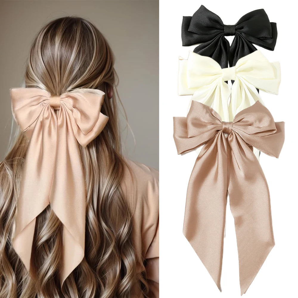 Korean Accessories Hair Clips for Women Girls Big Bowknot Solid Satin Long Ribbon Bows Spring Clamp Barette Cheveux Femme 2023